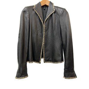 D2K Leather Jacket Black Soft Beige Suede Trim Women Blazer